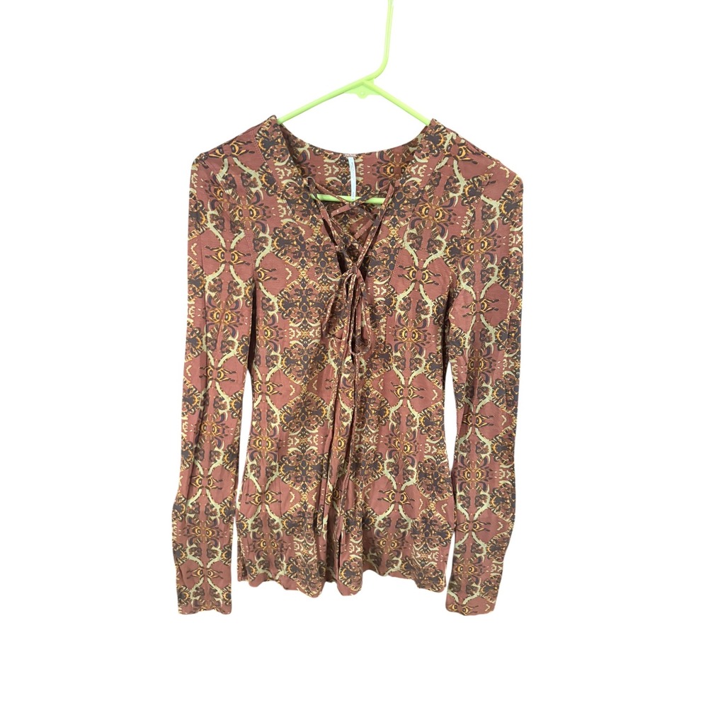 Free People Womens Boho Lace Up V-Neck Long Sleeve Damask Print Ribbed Top Small